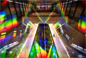 Effet prismatique coloré dans une station de métro moderne, avec un passant en mouvement.