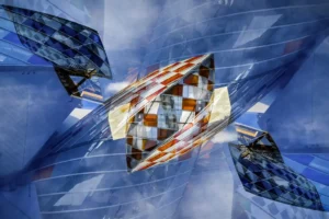 Photomontage architectural inspiré par Daniel Buren et la Fondation Louis Vuitton, avec des reflets géométriques et des structures en verre coloré sur fond de ciel.